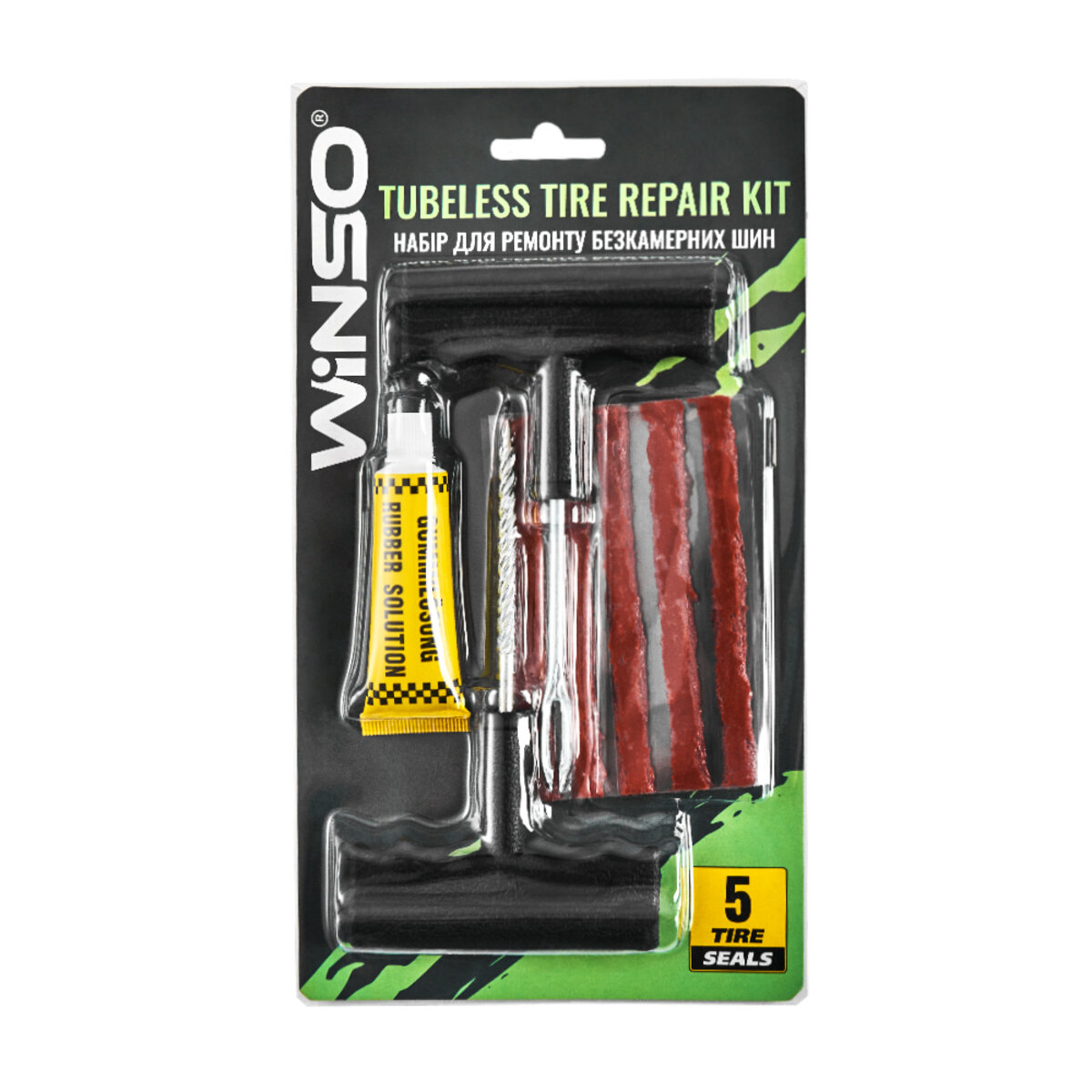 Набір для ремонту безкамерних шин Winso (шило, штопор, кордовий жгут 5шт, клей) (141100) дивитися фото №1