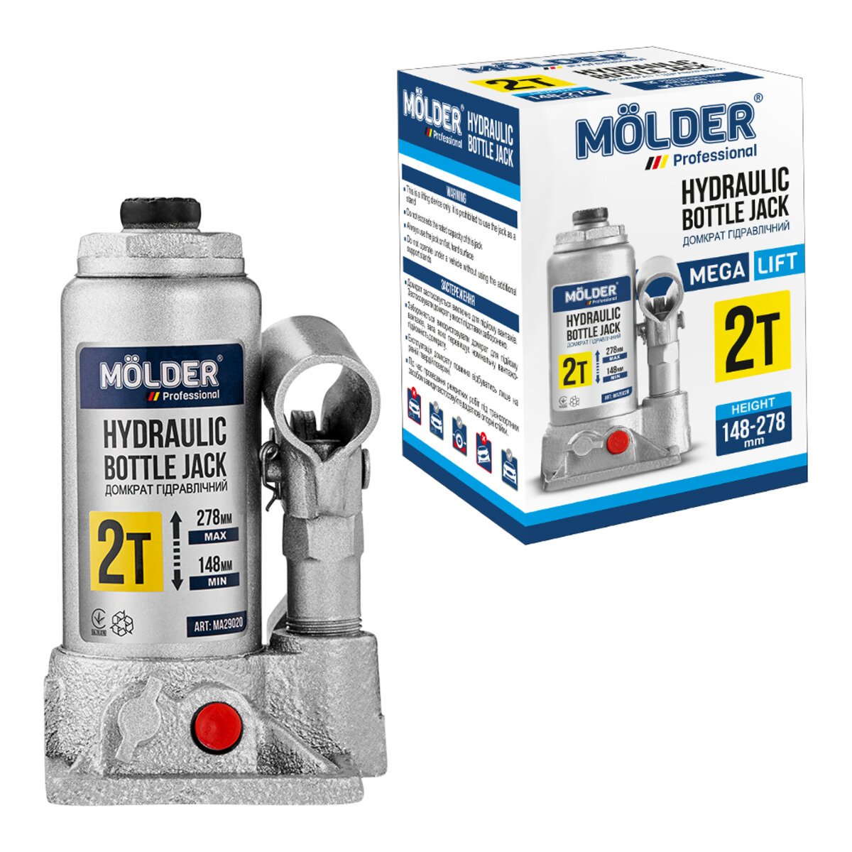 Домкрат гідравлічний пляшковий Molder 2т 148-278мм (MA29020) дивитися фото №2