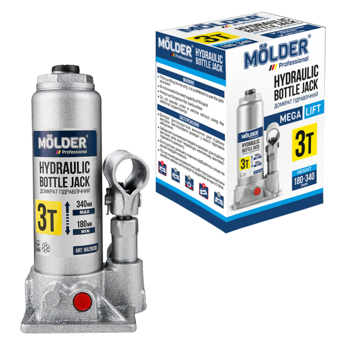 Домкрат гідравлічний пляшковий Molder 3т 180-340мм (MA29030) дивитися фото №2