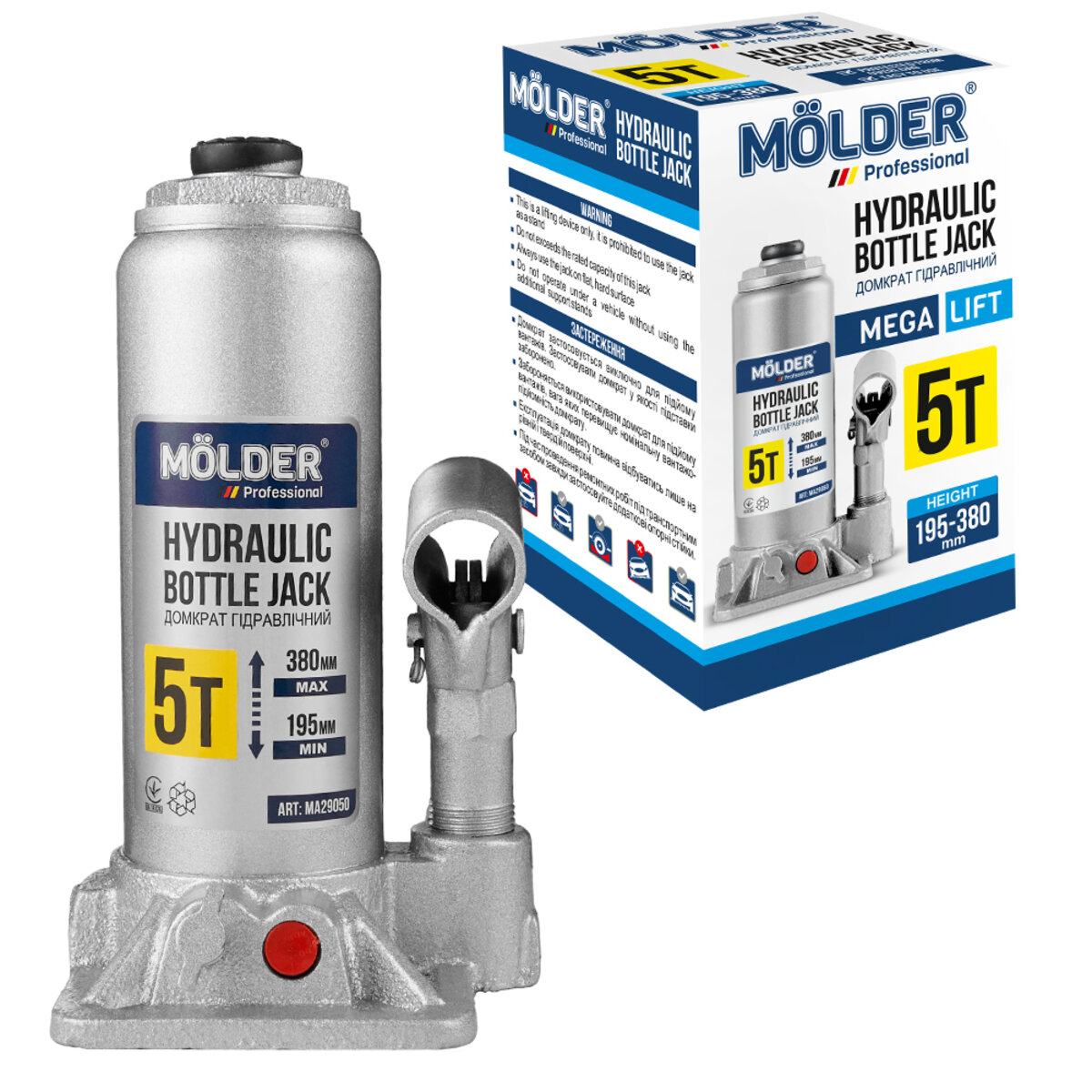Домкрат гідравлічний пляшковий Molder 5т 195-380мм (MA29050) дивитися фото №2