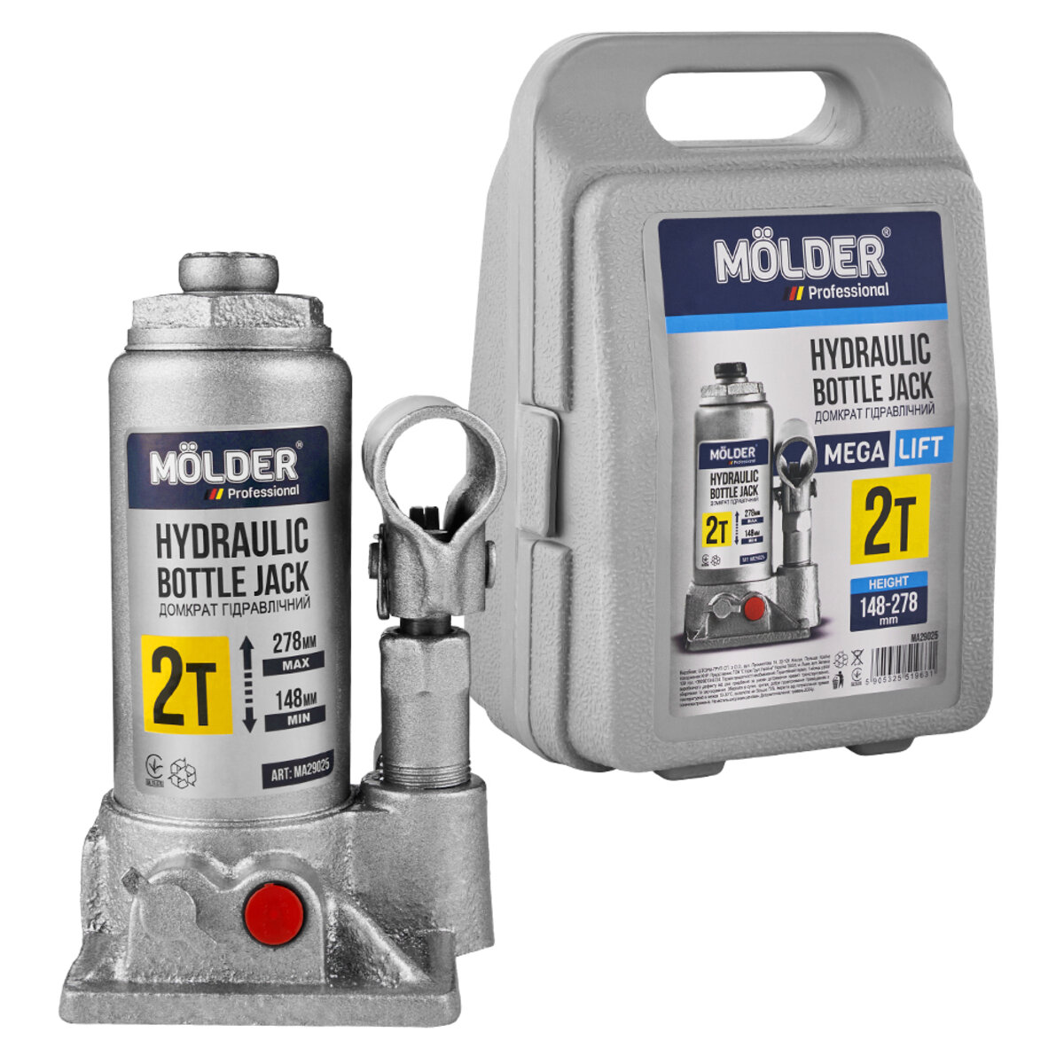 Домкрат гідравлічний пляшковий Molder 2т 148-278мм у кейсі (MA29025) дивитися фото №2