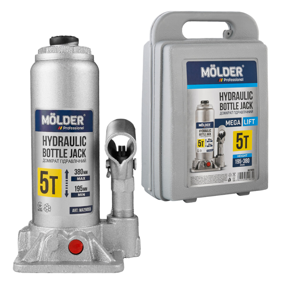 Домкрат гідравлічний пляшковий Molder 5т 195-380мм у кейсі (MA29055) дивитися фото №2