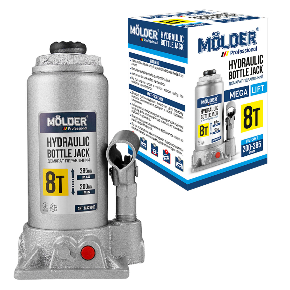 Домкрат гідравлічний пляшковий Molder 8т 200-385мм (MA29080) дивитися фото №2