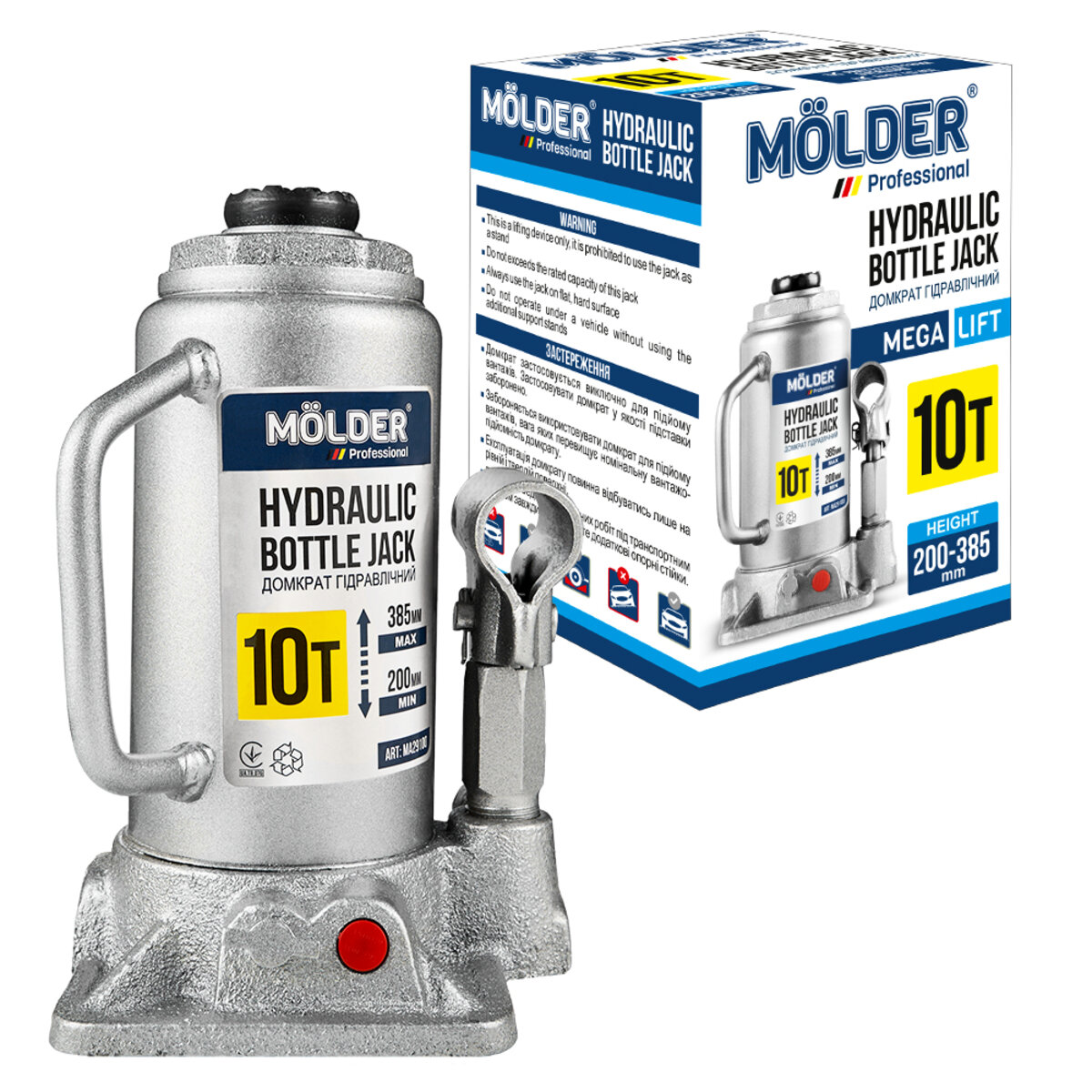 Домкрат гідравлічний пляшковий Molder 10т 200-385мм (MA29100) дивитися фото №2