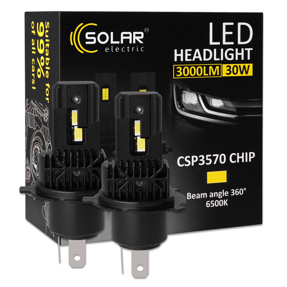 Автолампа Solar LED H4 12/24V 30W 3000Lm 6500K CSP3570 2шт (8404S2) дивитися фото №1