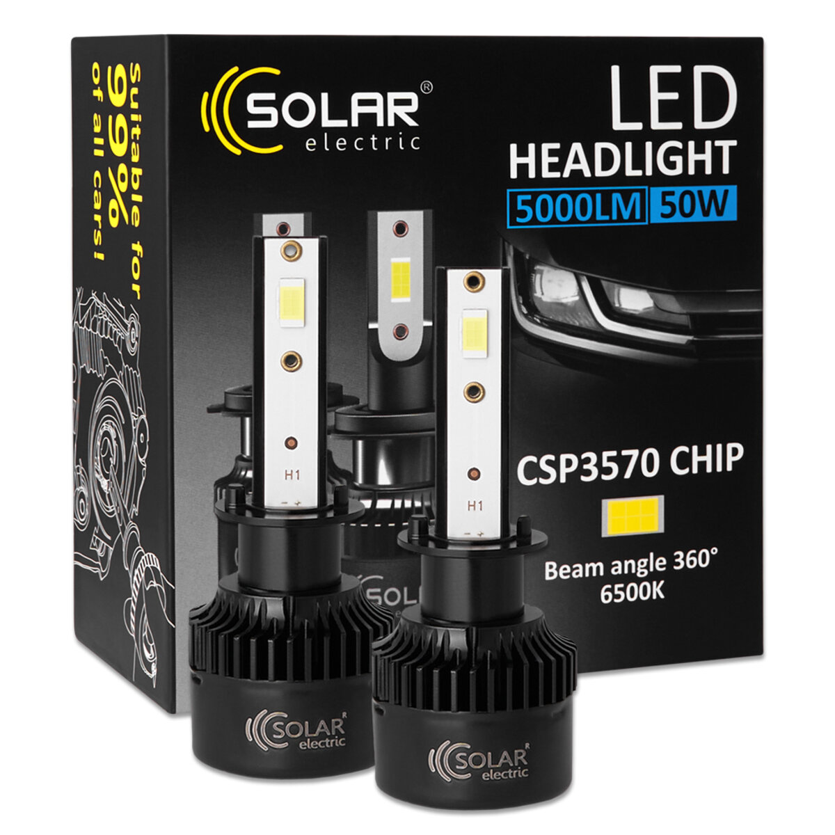 Автолампа Solar LED H1 12/24V 50W 5000Lm 6500K CSP3570 2шт (8501S2) дивитися фото №1
