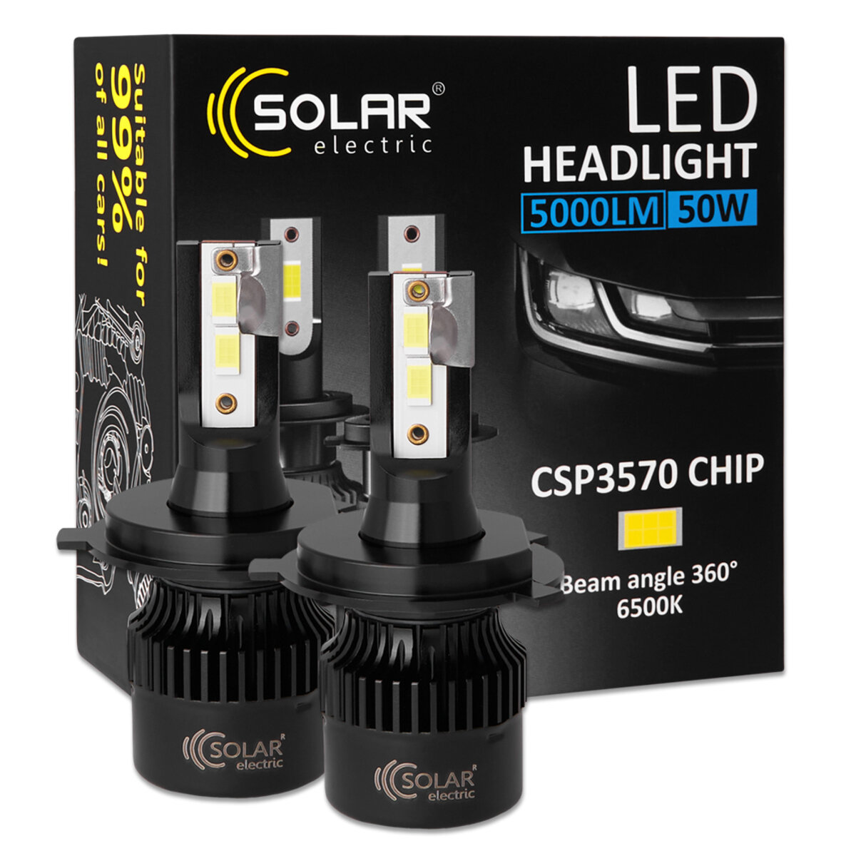Автолампа Solar LED H4 12/24V 50W 5000Lm 6500K CSP3570 2шт (8504S2) дивитися фото №1