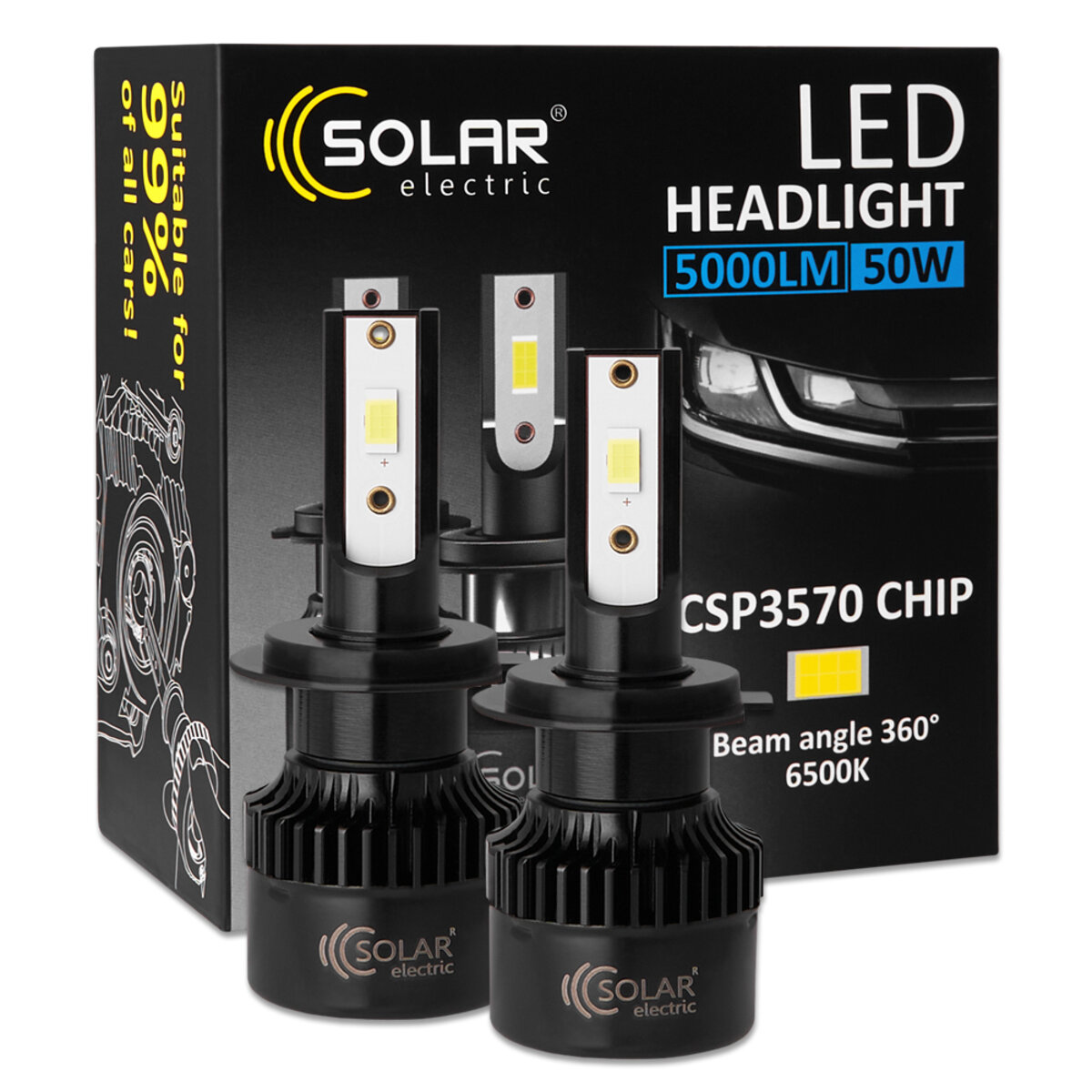 Автолампа Solar LED H7 12/24V 50W 5000Lm 6500K CSP3570 2шт (8507S2) дивитися фото №1