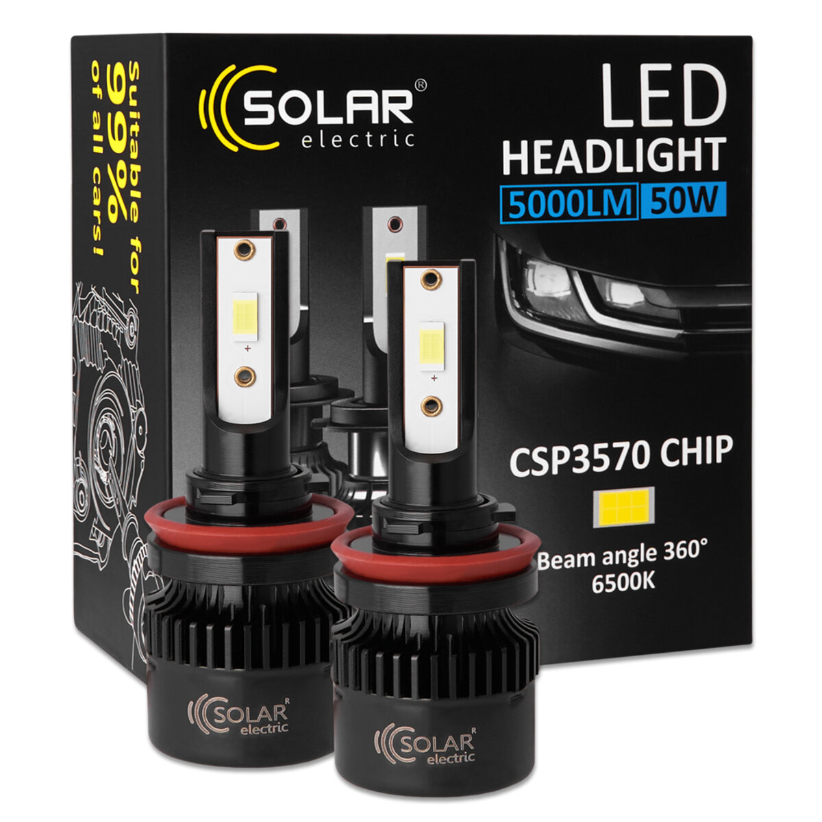 Автолампа Solar LED H8-H11-H16 12/24V 50W 5000Lm 6500K CSP3570 (8511S2) дивитися фото №1