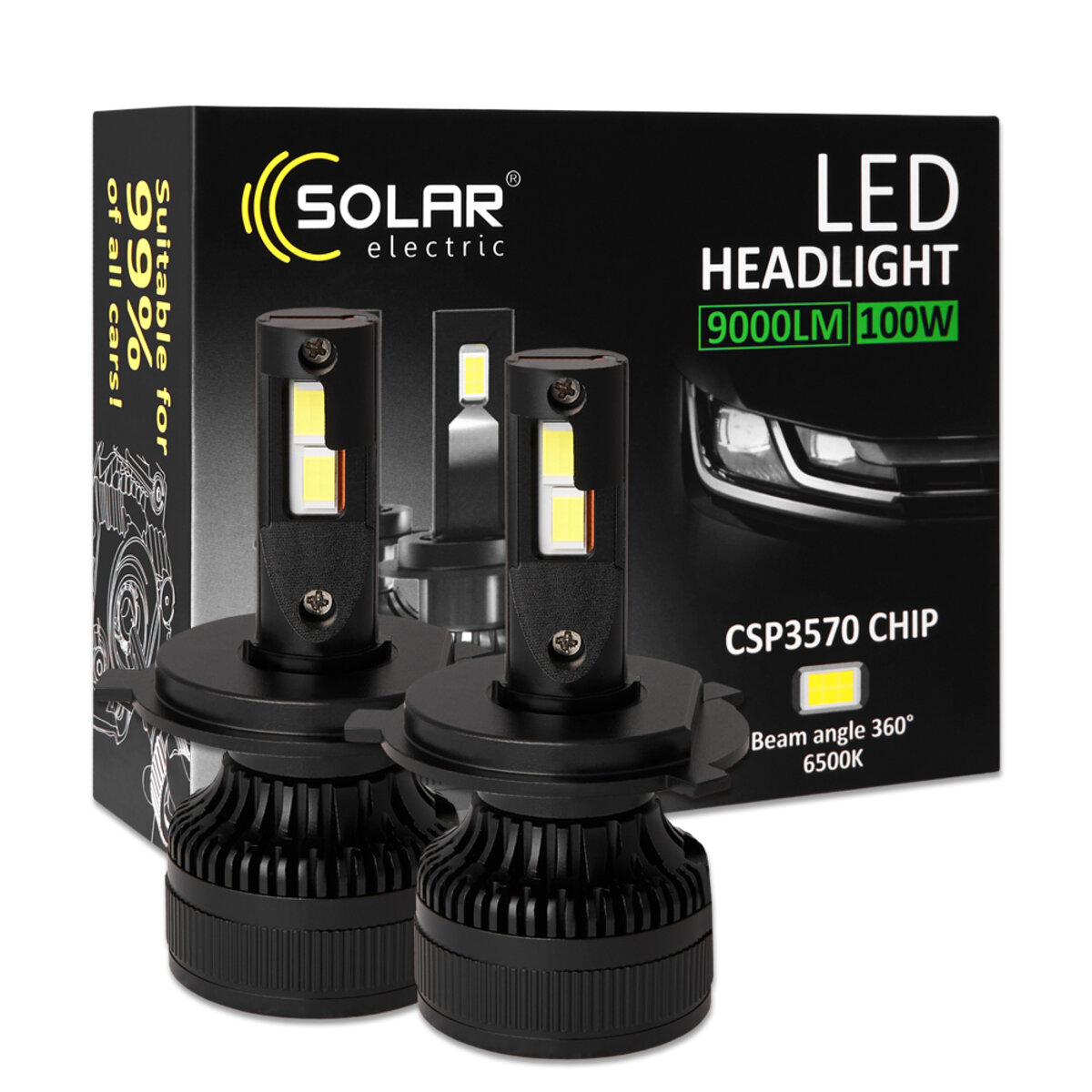 Автолампа Solar LED H4 12/24V 100W 9000Lm 6500K CSP3570 2шт (8604S2) смотреть фото №1