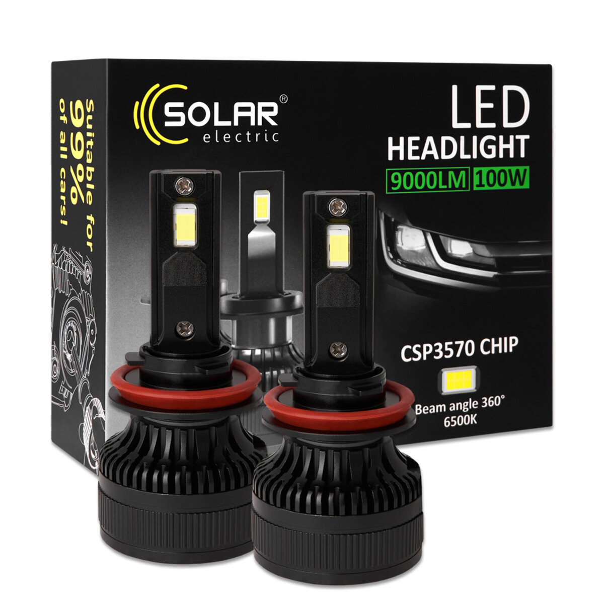 Автолампа Solar LED H8-H11-H16 12/24V 100W 9000Lm 6500K CSP3570 2шт (8611S2) дивитися фото №1