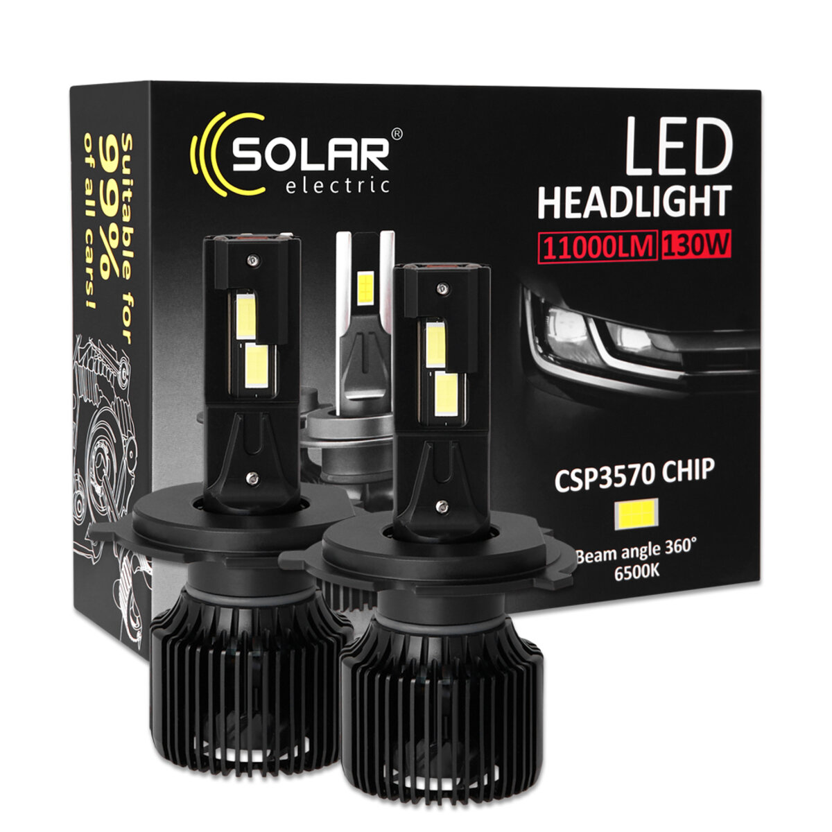 Автолампа Solar LED H4 12/24V 130W 11000Lm 6500K CSP3570 2шт (8704S2) дивитися фото №1