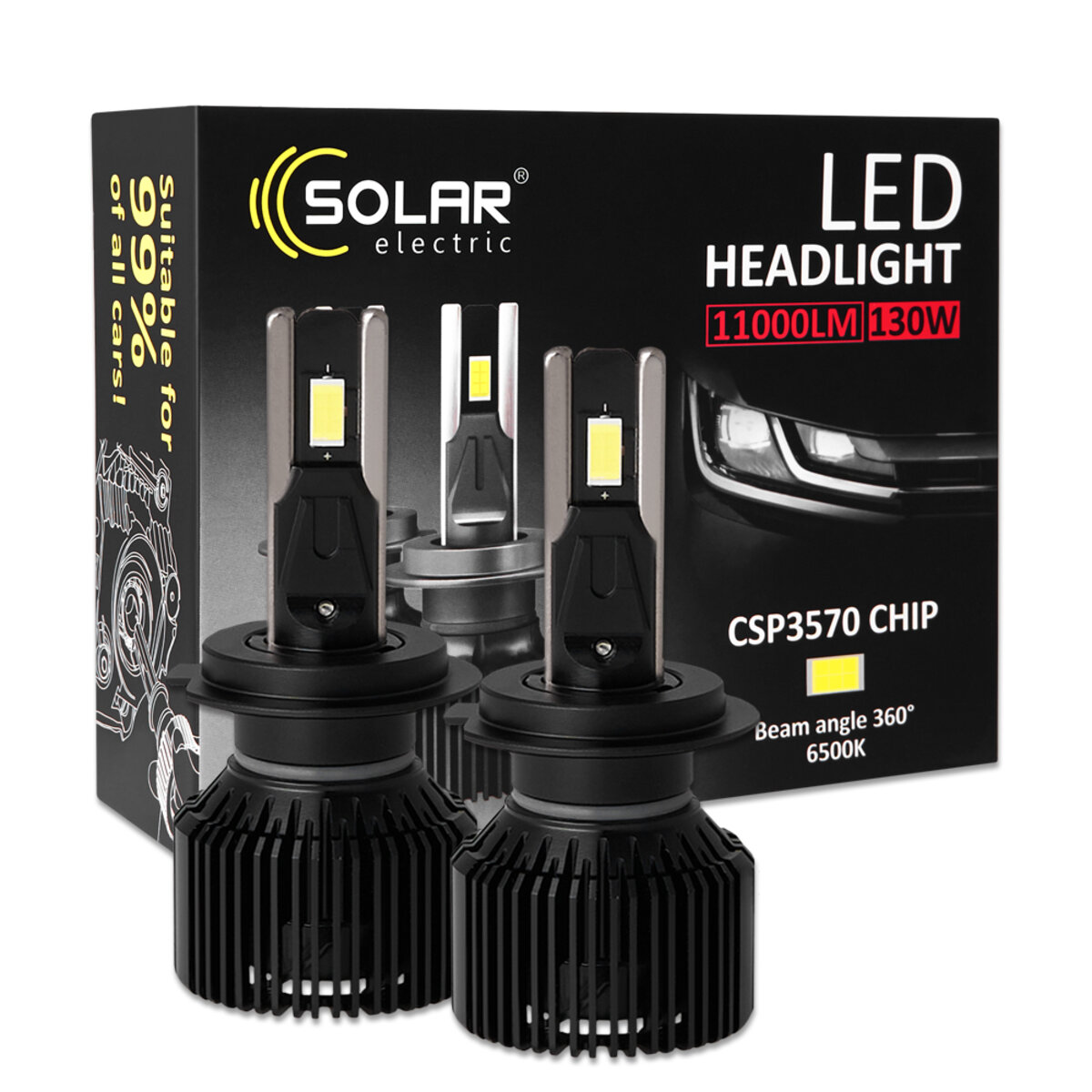 Автолампа Solar LED H7 12/24V 130W 11000Lm 6500K CSP3570 2шт (8707S2) дивитися фото №1