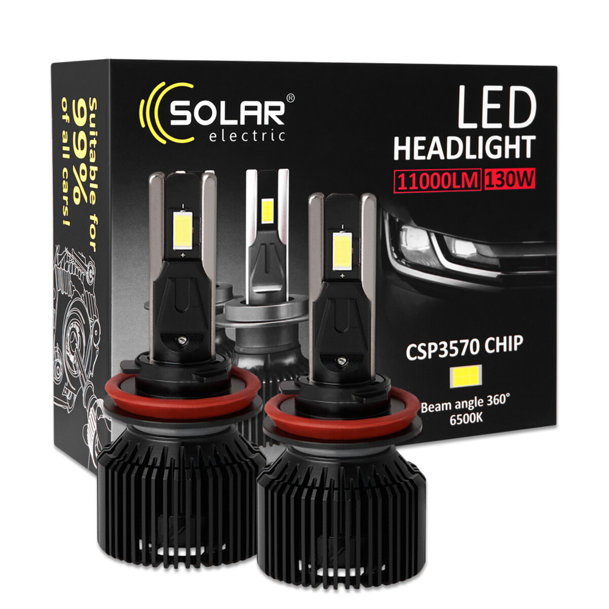 Автолампа Solar LED H8-H11-H16 12/24V 130W 11000Lm 6500K CSP3570 2шт (8711S2) дивитися фото №1