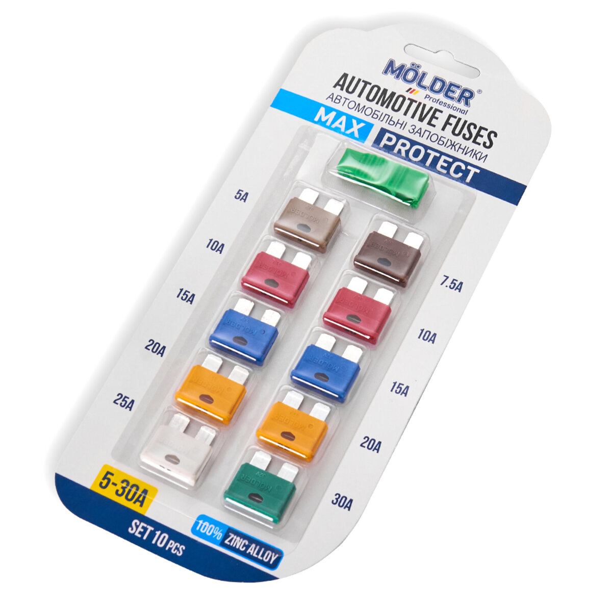 Набір запобіжників Molder стандарт (5А,7,5А,10А,15А,20А,25А,30А), 10шт (MA22300) дивитися фото №1