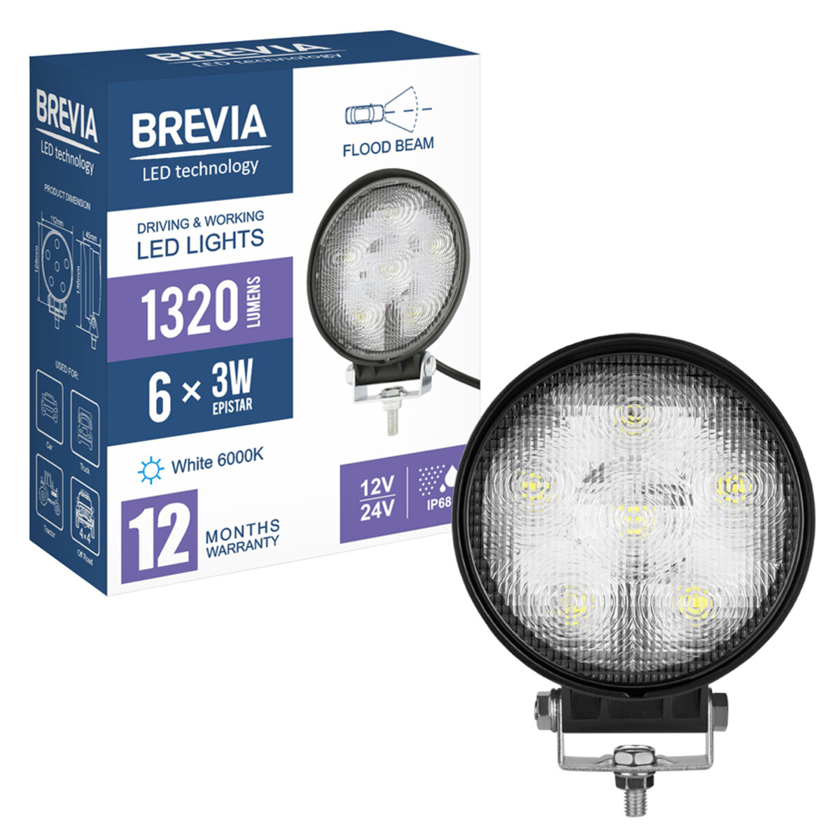 Фара світлодіодна Brevia EPISTAR Flood 10-30V, 18W (6x3W), 1320Lm, 1шт (10621RFX1) дивитися фото №8