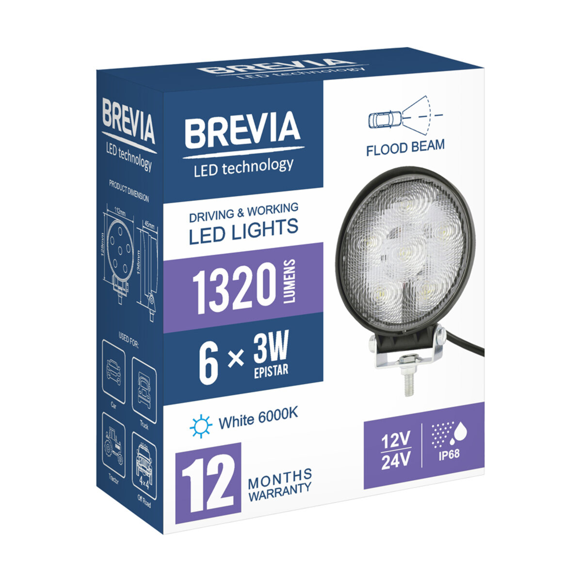 Фара світлодіодна Brevia EPISTAR Flood 10-30V, 18W (6x3W), 1320Lm, 1шт (10621RFX1) дивитися фото №7
