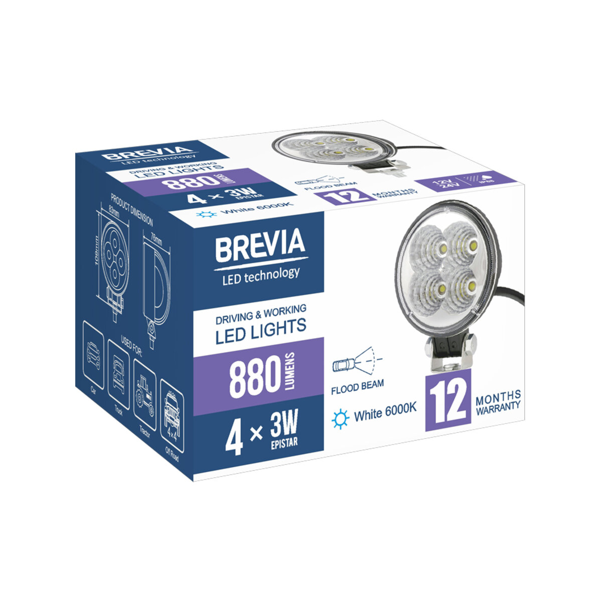 Фара світлодіодна Brevia EPISTAR Flood 10-30V, 12W (4x3W), 880Lm, 1шт (10601RFX1) дивитися фото №6