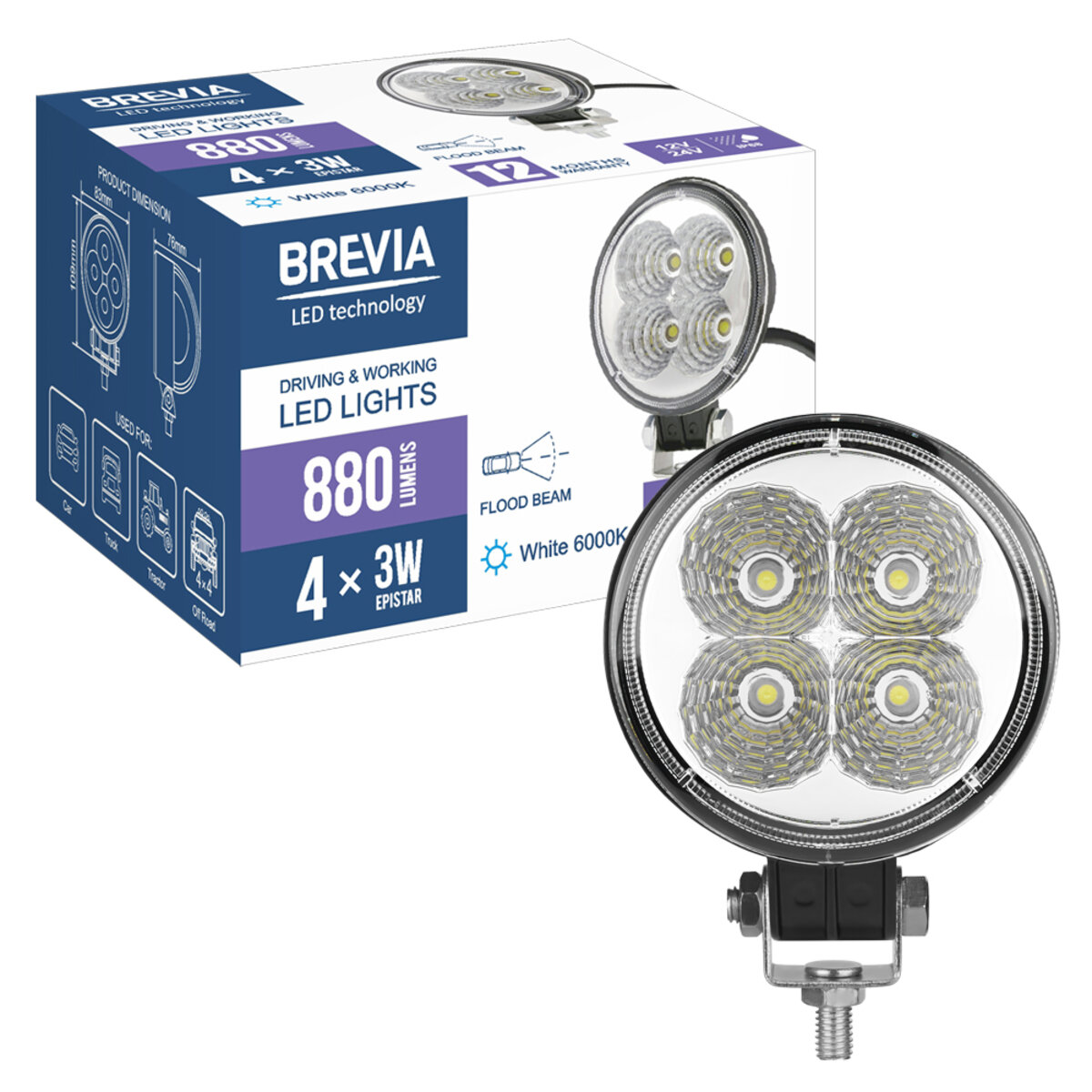 Фара світлодіодна Brevia EPISTAR Flood 10-30V, 12W (4x3W), 880Lm, 1шт (10601RFX1) дивитися фото №7