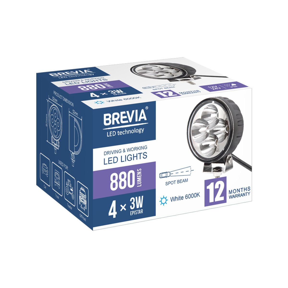 Фара світлодіодна Brevia EPISTAR Spot 10-30V, 12W (4x3W), 880Lm, 1шт (10601RSX1) дивитися фото №7