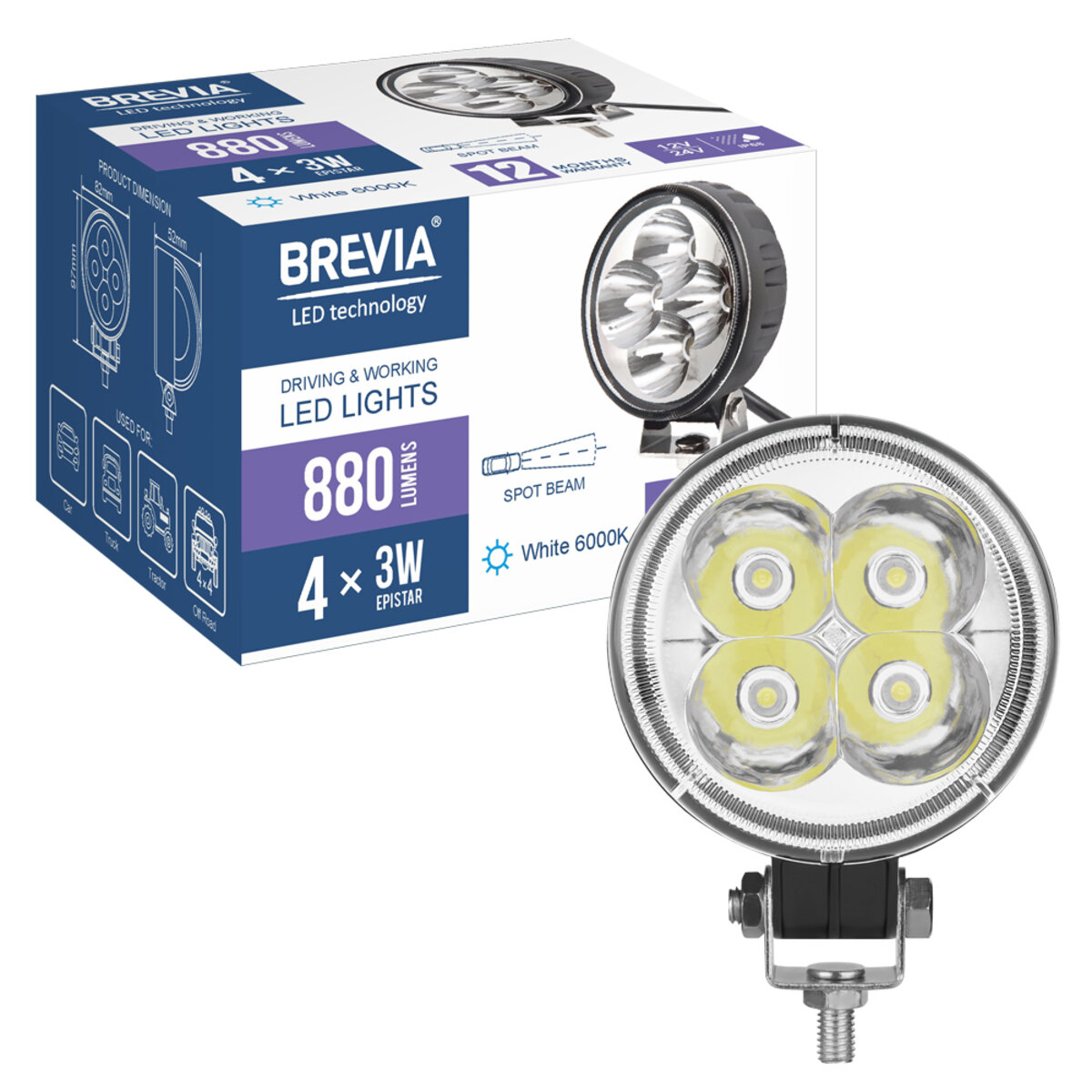 Фара світлодіодна Brevia EPISTAR Spot 10-30V, 12W (4x3W), 880Lm, 1шт (10601RSX1) дивитися фото №8