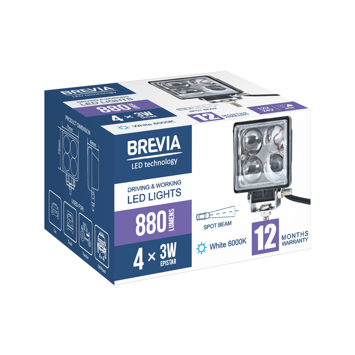 Фара світлодіодна Brevia ERISTAR 4D Spot 10-30V, 12W (4x3W), 880Lm, 1шт (10602QLX1) дивитися фото №7