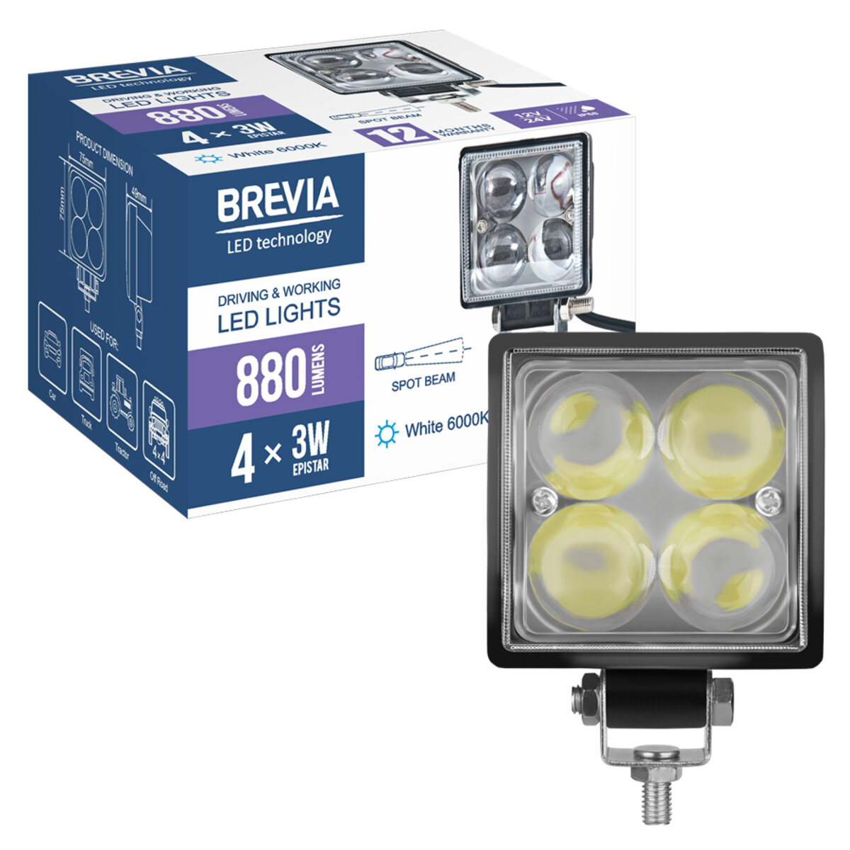 Фара світлодіодна Brevia ERISTAR 4D Spot 10-30V, 12W (4x3W), 880Lm, 1шт (10602QLX1) дивитися фото №8