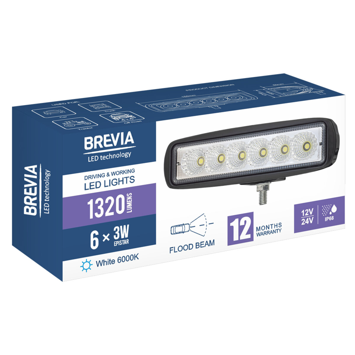 Фара світлодіодна Brevia EPISTAR Flood 10-30V, 18W (6x3W), 1320Lm, 1шт (10611FX1) дивитися фото №7