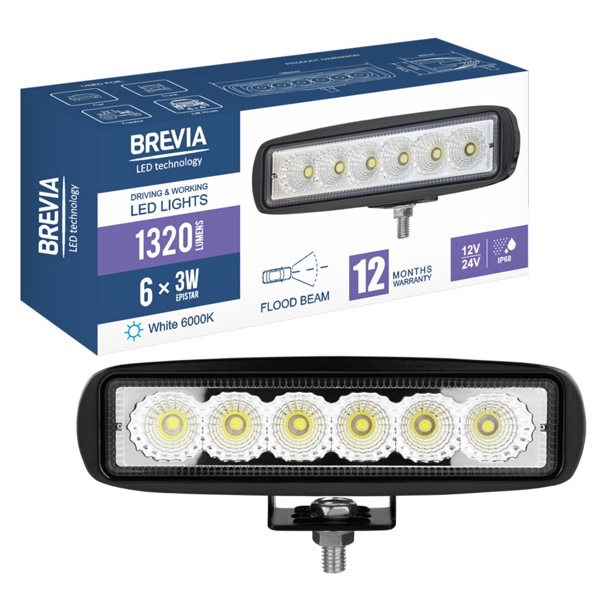 Фара світлодіодна Brevia EPISTAR Flood 10-30V, 18W (6x3W), 1320Lm, 1шт (10611FX1) дивитися фото №8