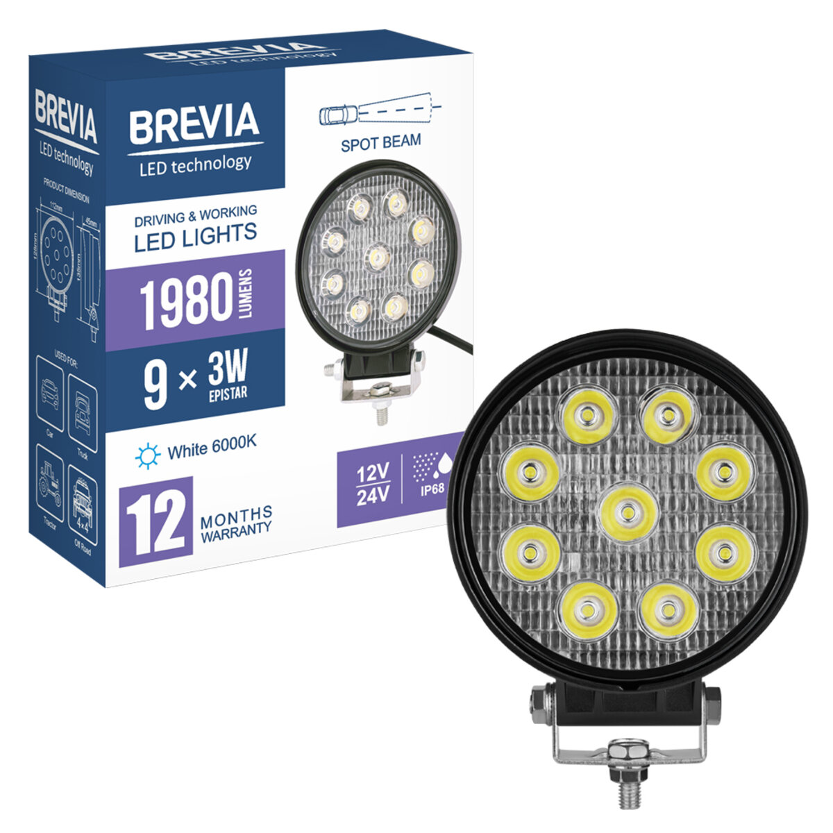 Фара світлодіодна Brevia EPISTAR Spot 10-30V, 27W (9x3W), 1980Lm, 1шт (10641RSX1) дивитися фото №8