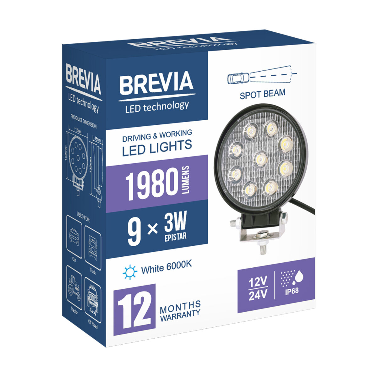 Фара світлодіодна Brevia EPISTAR Spot 10-30V, 27W (9x3W), 1980Lm, 1шт (10641RSX1) дивитися фото №7