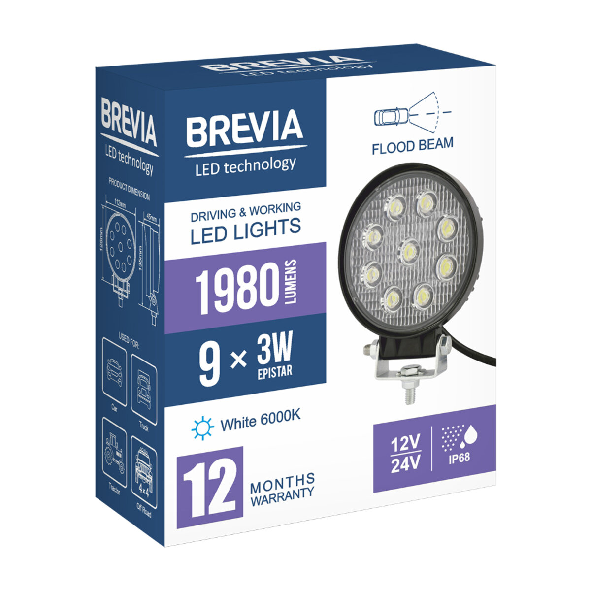 Фара світлодіодна Brevia EPISTAR Flood 10-30V, 27W (9x3W), 1980Lm, 1шт (10641RFX1) дивитися фото №7