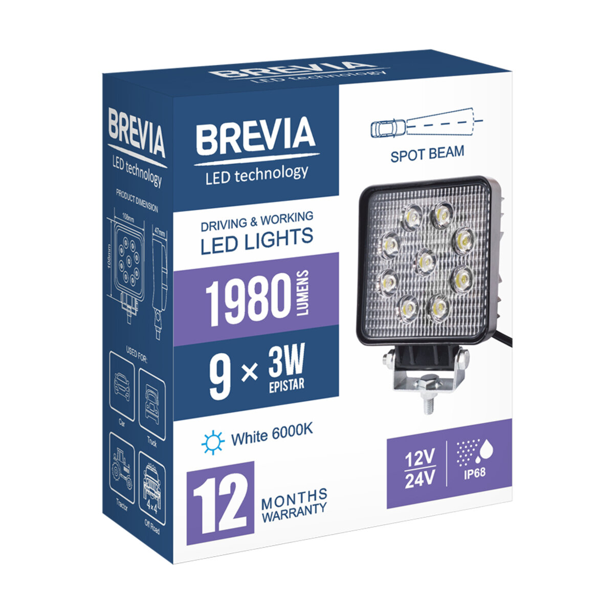 Фара світлодіодна Brevia EPISTAR Spot 10-30V, 27W (9x3W), 1980Lm, 1шт (10642QSX1) дивитися фото №7