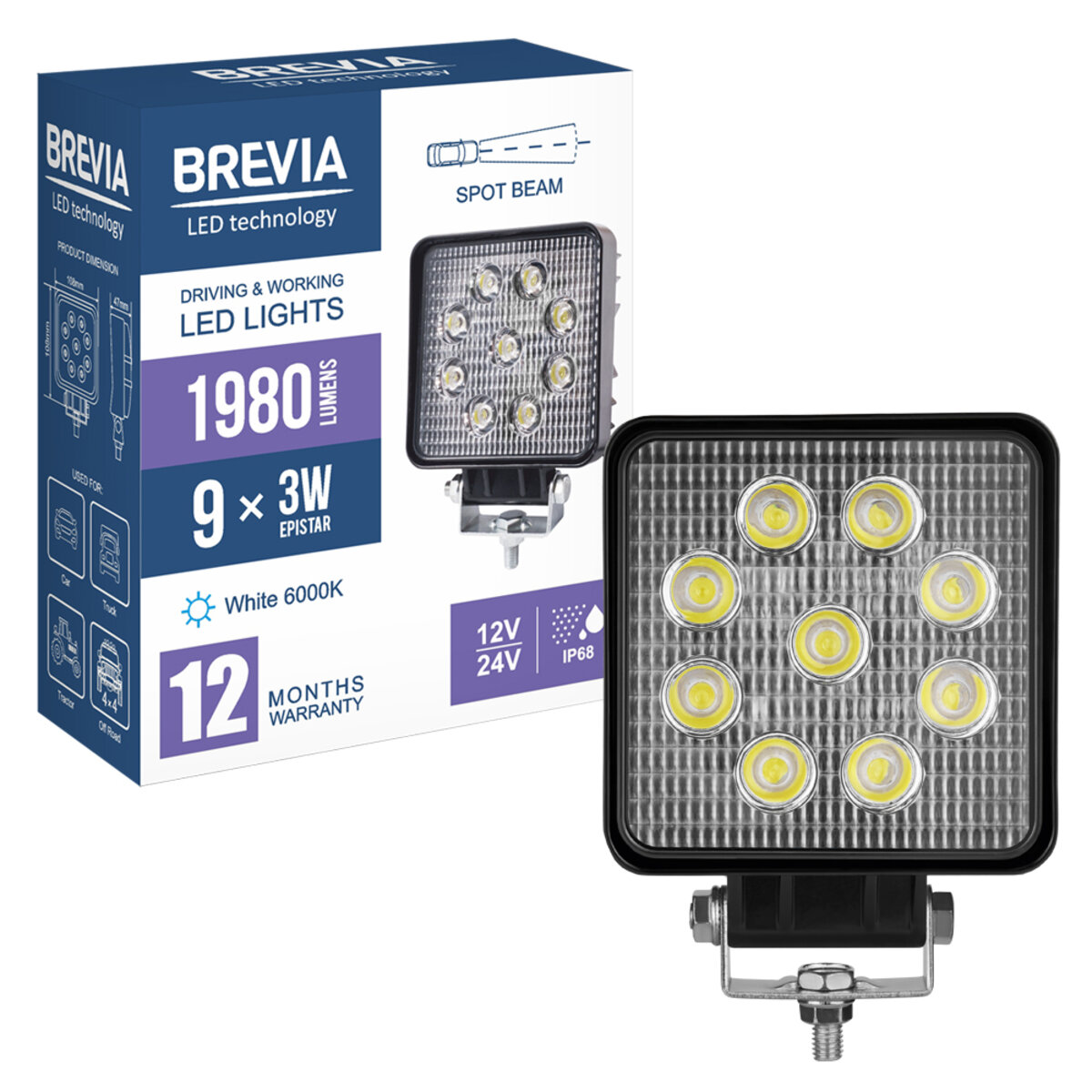 Фара світлодіодна Brevia EPISTAR Spot 10-30V, 27W (9x3W), 1980Lm, 1шт (10642QSX1) дивитися фото №8
