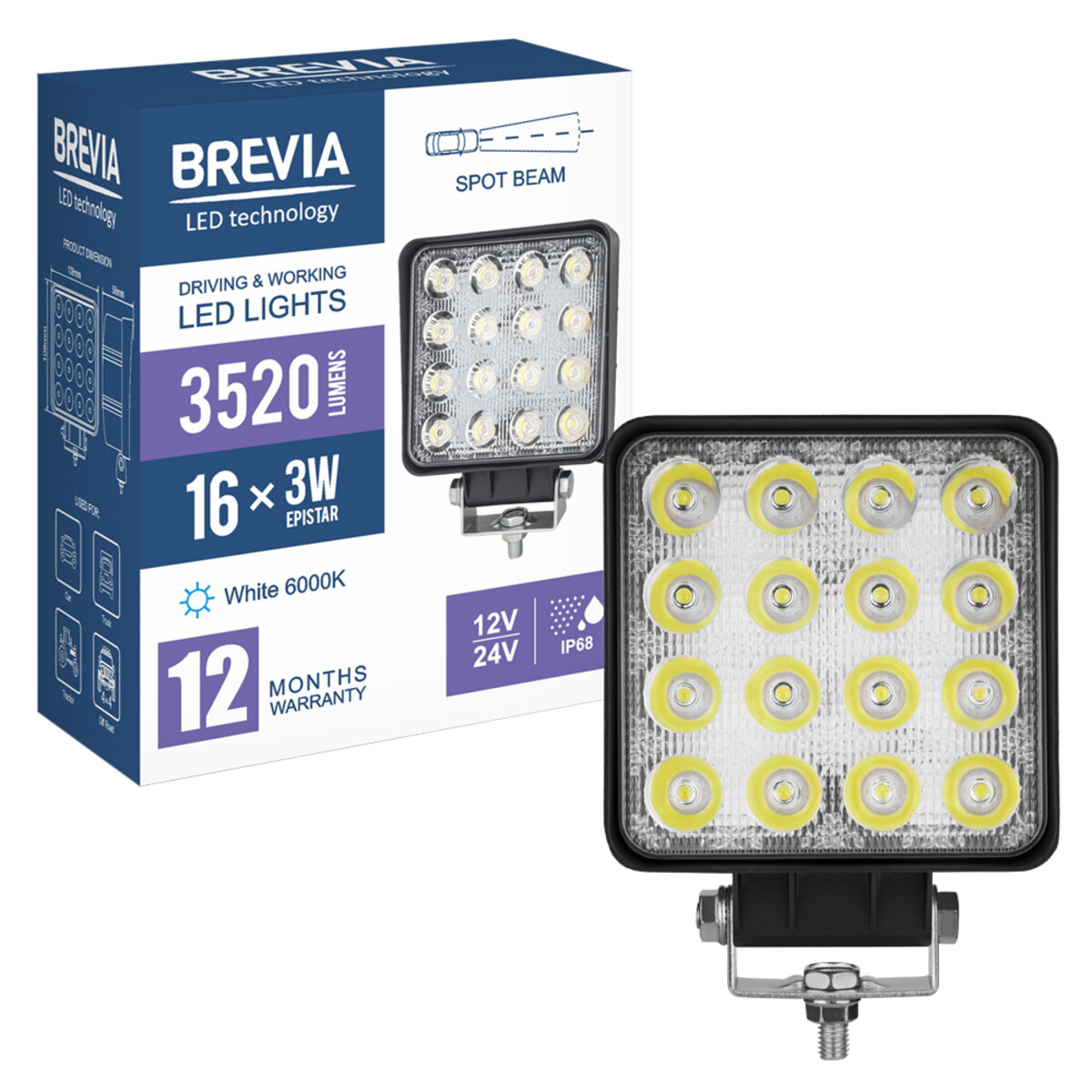 Фара світлодіодна Brevia EPISTAR white Spot 10-30V, 48W (16x3W), 3520Lm, 1шт (10652QSX1) дивитися фото №8