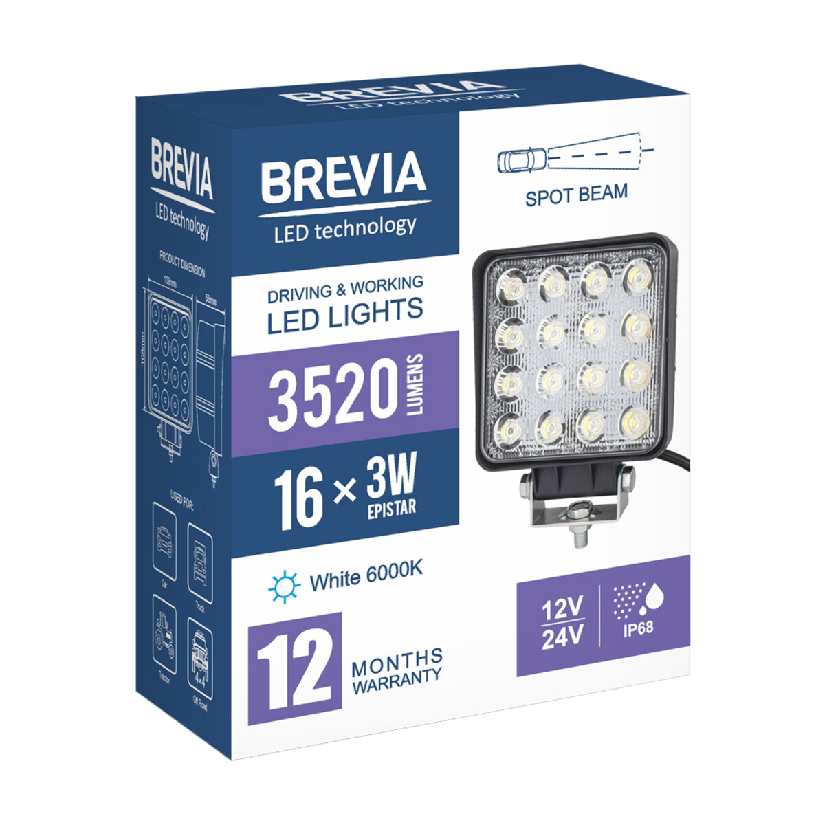 Фара світлодіодна Brevia EPISTAR white Spot 10-30V, 48W (16x3W), 3520Lm, 1шт (10652QSX1) дивитися фото №7