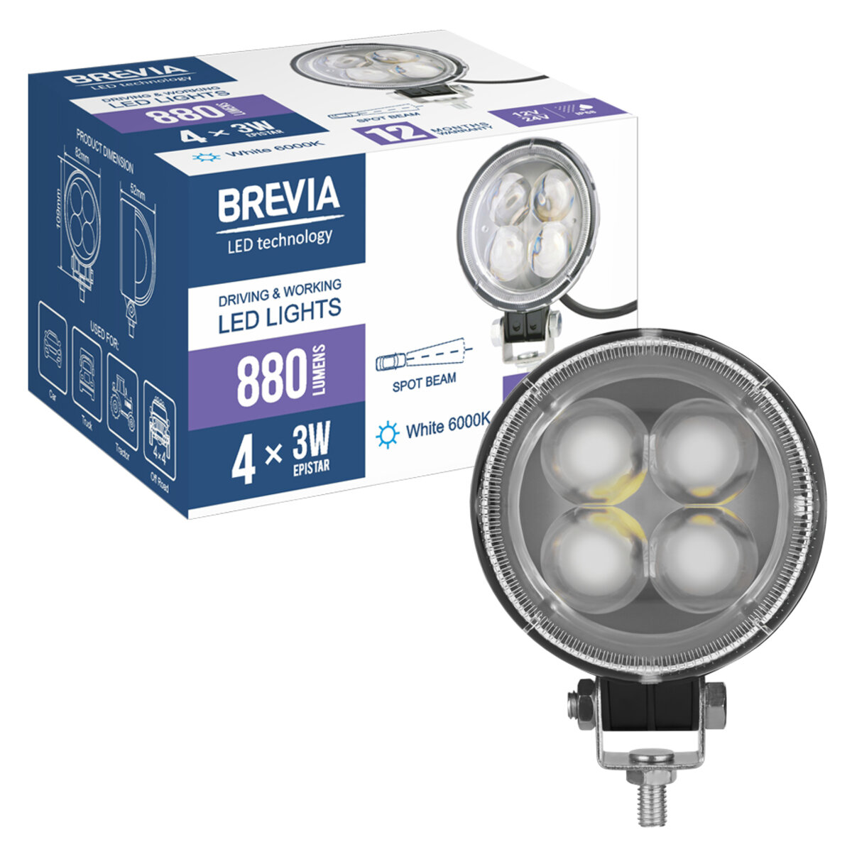 Фара світлодіодна Brevia ERISTAR 4D Spot 10-30V, 12W (4x3W), 880Lm, 1шт (10602RLX1) дивитися фото №8