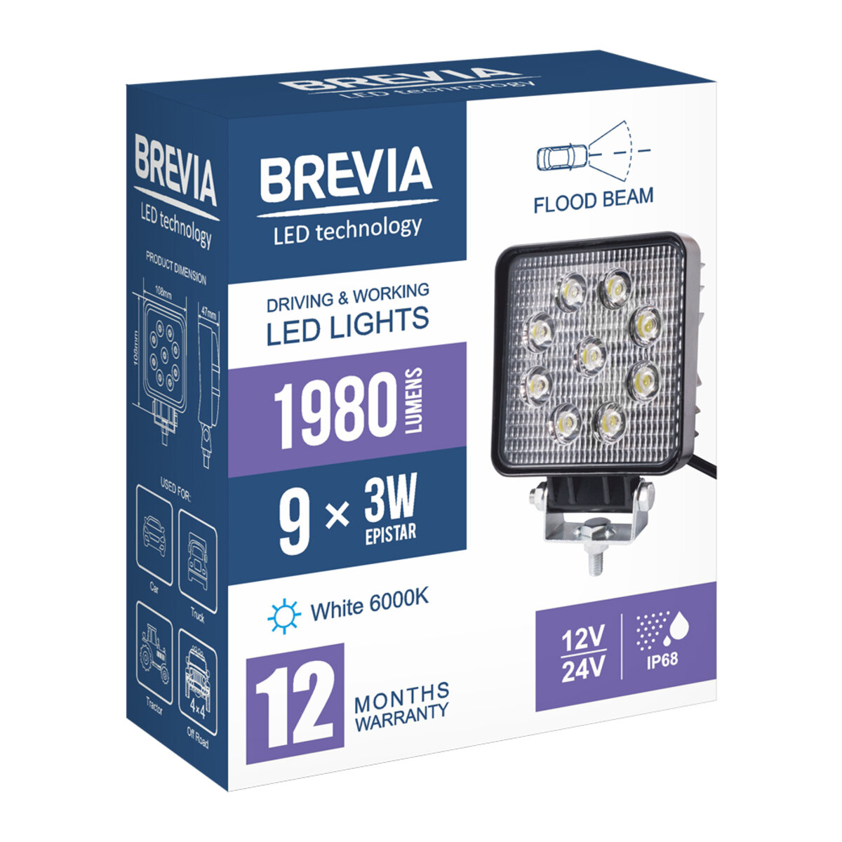 Фара світлодіодна Brevia EPISTAR Flood 10-30V, 27W (9x3W), 1980Lm, 1шт (10642QFX1) дивитися фото №7