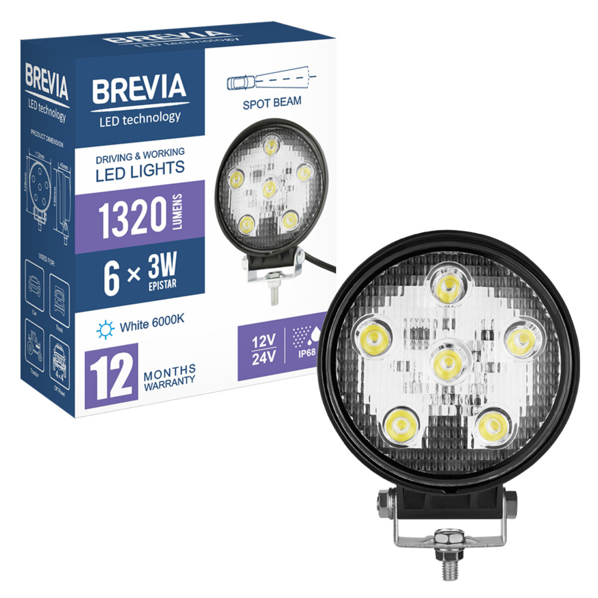 Фара світлодіодна Brevia EPISTAR Spot 10-30V, 18W (6x3W), 1320Lm, 1шт (10621RSX1) дивитися фото №8