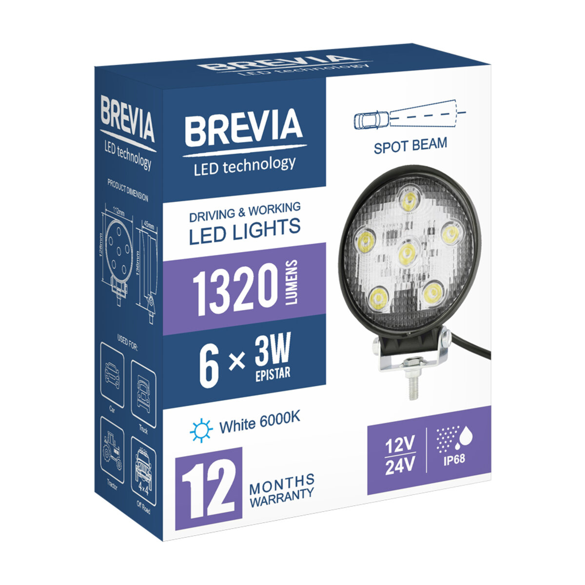 Фара світлодіодна Brevia EPISTAR Spot 10-30V, 18W (6x3W), 1320Lm, 1шт (10621RSX1) дивитися фото №7