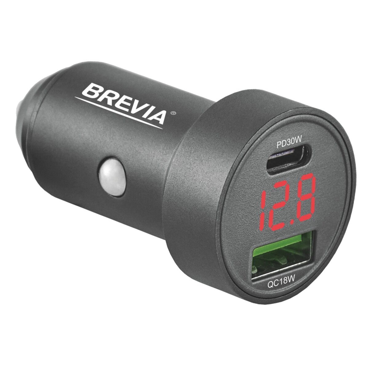 Автомобільний зарядний пристрій Brevia ePower DualMetal Display 48W 1xUSB-C+1xUSB-A, чорний металік (46648CADB) дивитися фото №1