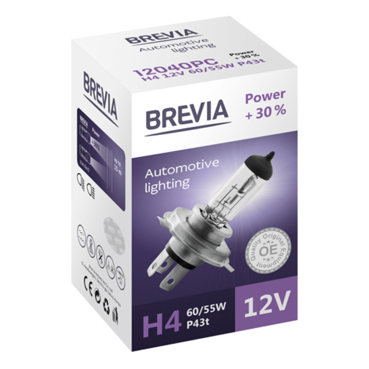 Галогенова лампа Brevia H4 12V 60/55W P43t Power +30% CP (12040PC) дивитися фото №1