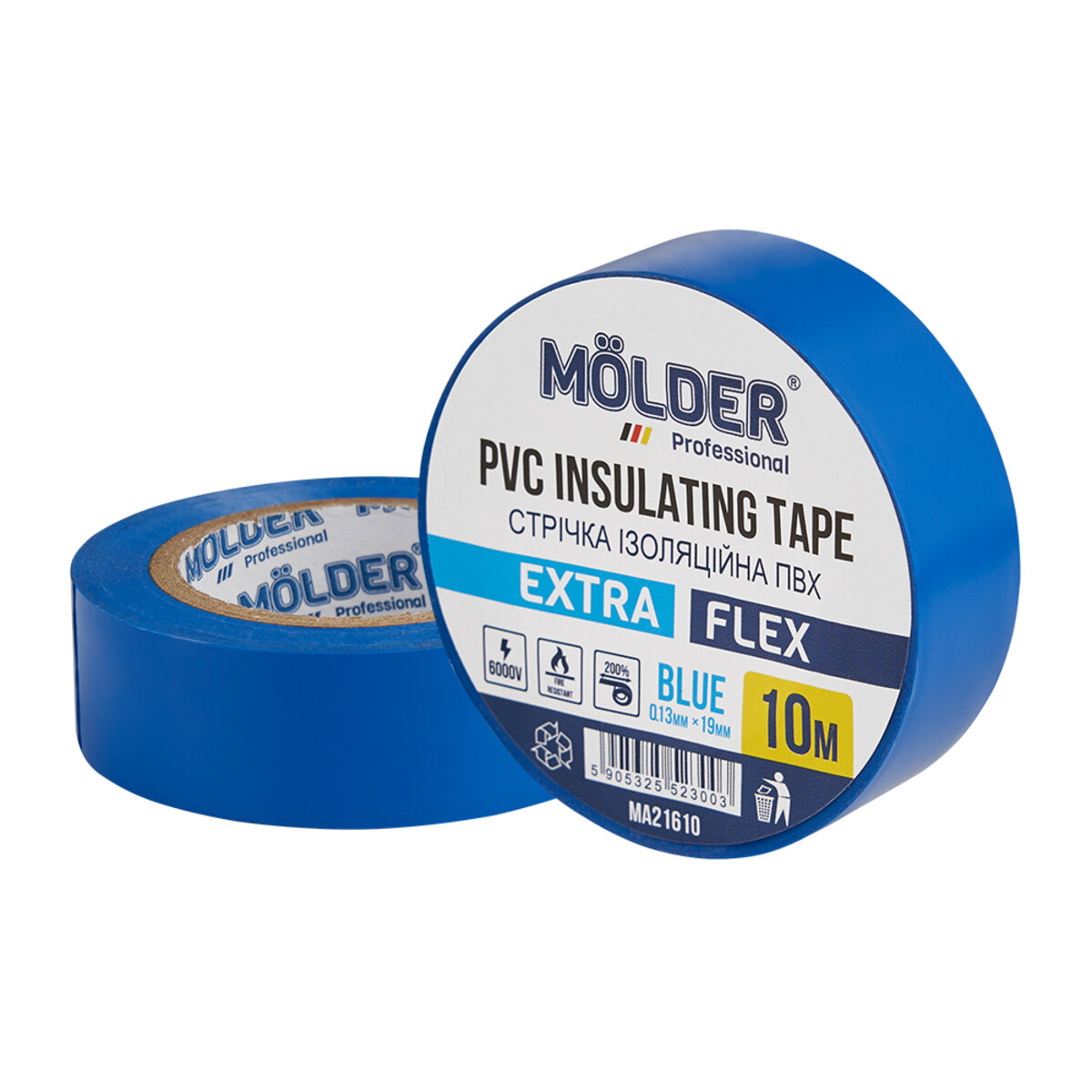 Стрічка ізоляційна ПВХ Molder 0,13x19мм 10м синя, професійна, вогнетривка (MA21610) дивитися фото №1